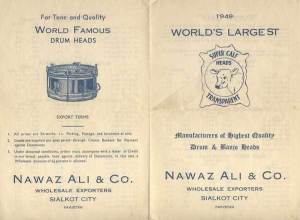 A 1951 brochure of a Pakistani company (based in Sialkot) specialising in the making of musical instruments from wood and cow skin. Sialkot is still famous around the world for its quality sporting products (especially cricket bats, hockey sticks and footballs), but for many years it was also one of the top producers and exporters of music instruments. Many western pop and jazz musicians used drums made in Sialkot across the 1950s and 1960s.
